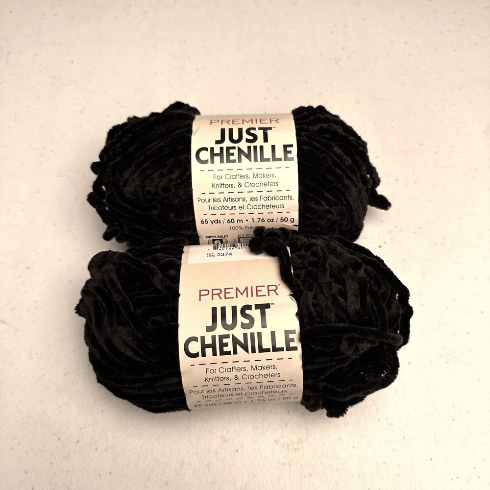 Premier Just Chenille Black Yarn Super Bulky 2 Skeins Matching Lot 65 Yds Each